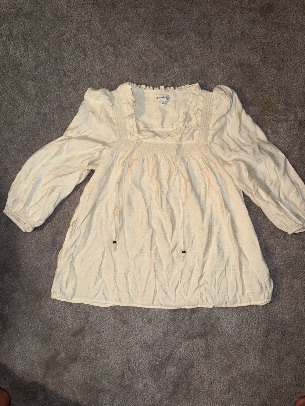 Wonderly Cream Pheasant Top Three Quarter Sleeves with Ruffles around the neck